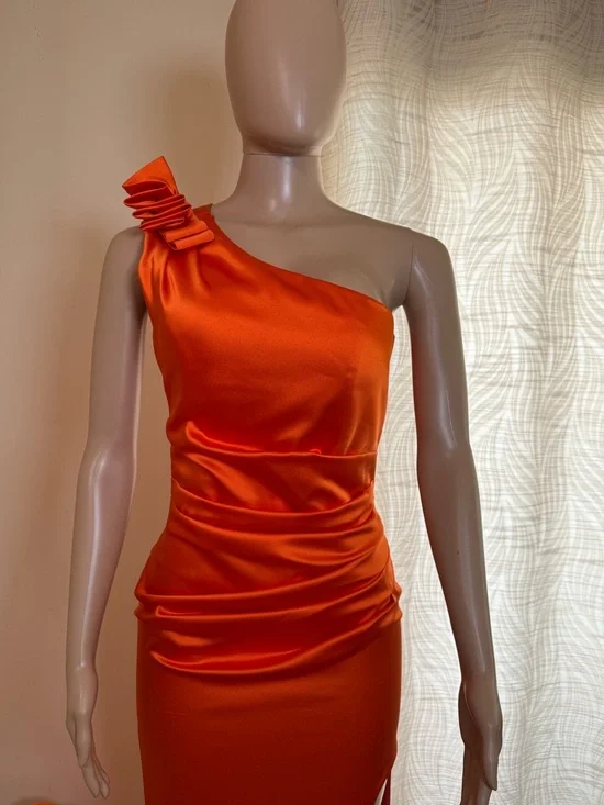 Othr One-Shoulder Orange Satin Gown with Side Slit - Picture 3 of 5